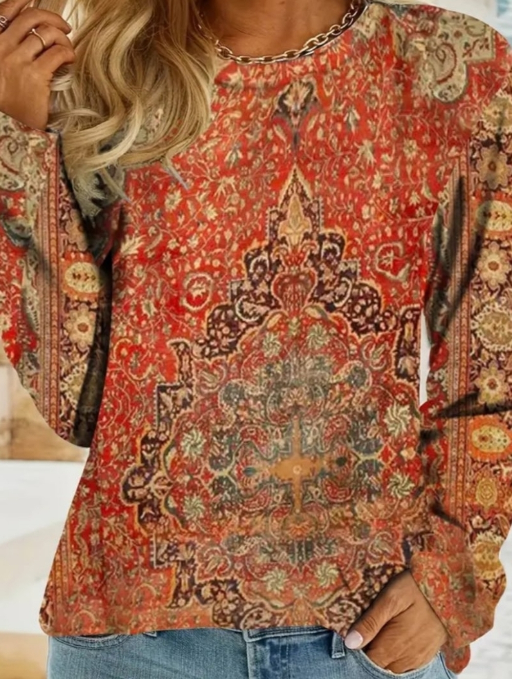 🌼 Damask Print Orange Yellow Gray Long-sleeve Poly-Stretch Knit Tunic Top XL 🌼